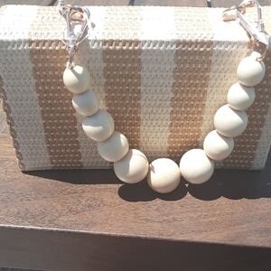 Beige and White Woven Clutch with Wooden Bead Handle